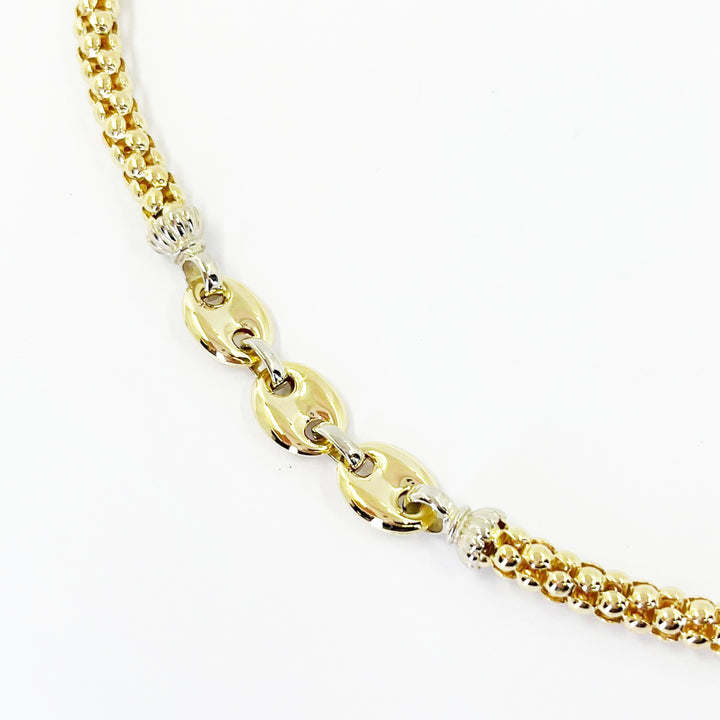 18K Yellow Gold 5mm Popcorn Chain Necklace with White Gold Stations