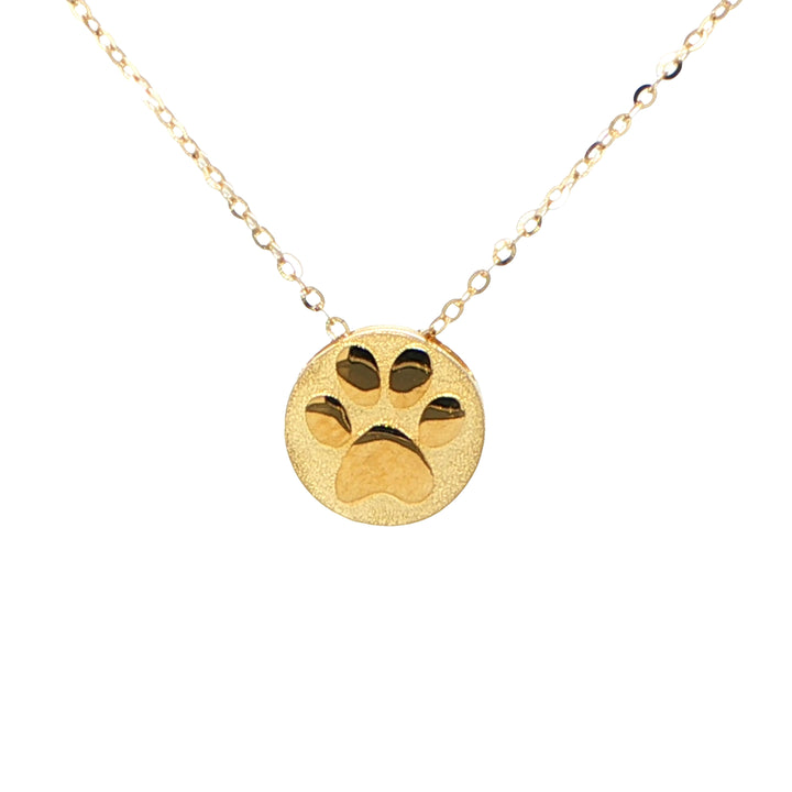 14K Yellow Gold Paw Print Circle Pendant Necklace