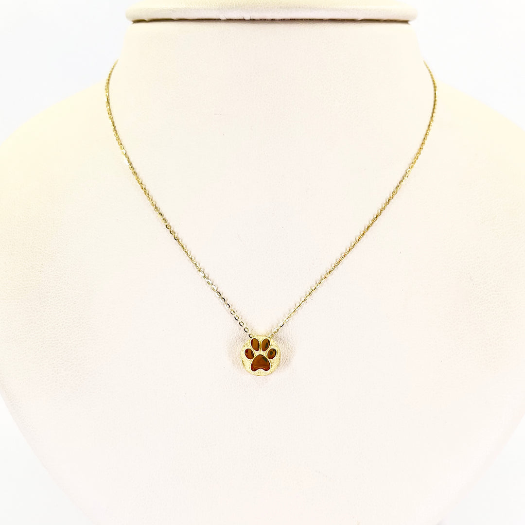 14K Yellow Gold Paw Print Circle Pendant Necklace