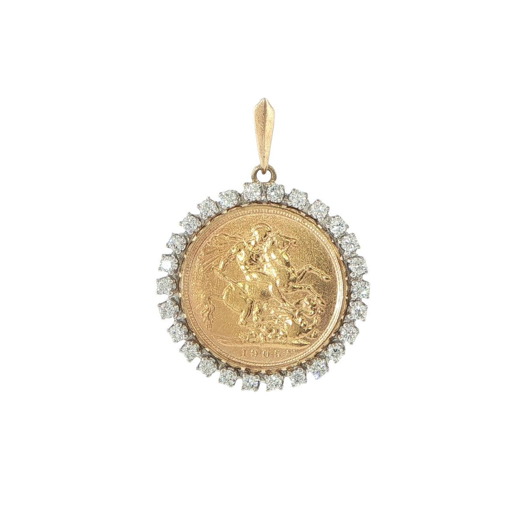 21.6K Gold English Sovereign Coin Pendant 18K White Gold Diamond Mounting