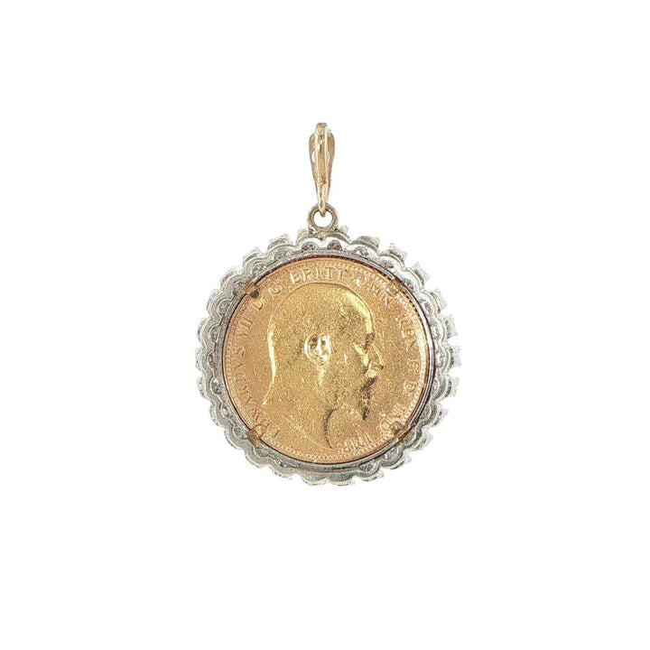 21.6K Gold English Sovereign Coin Pendant 18K White Gold Diamond Mounting