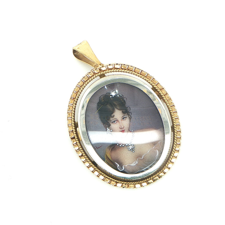 Corletto 18K Yellow Gold Hand Painted Portrait Pendant Brooch