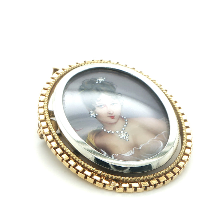 Corletto 18K Yellow Gold Hand Painted Portrait Pendant Brooch