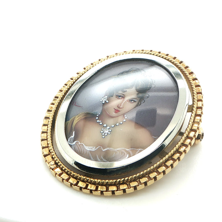 Corletto 18K Yellow Gold Hand Painted Portrait Pendant Brooch