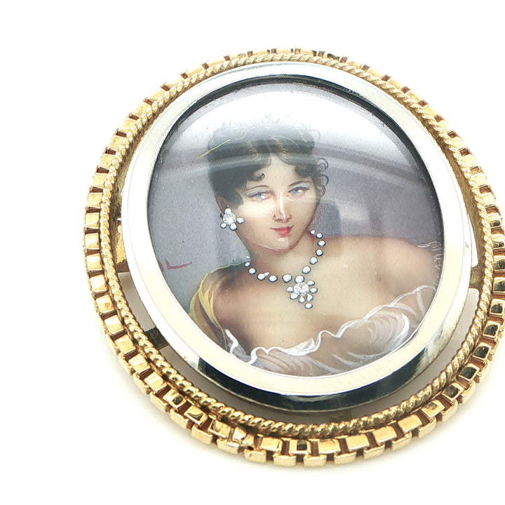 Corletto 18K Yellow Gold Hand Painted Portrait Pendant Brooch