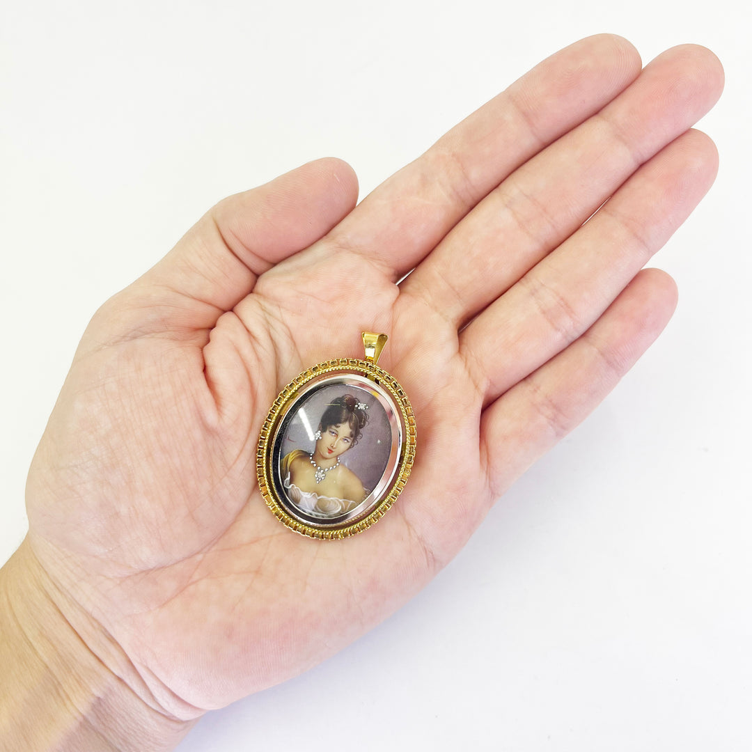 Corletto 18K Yellow Gold Hand Painted Portrait Pendant Brooch