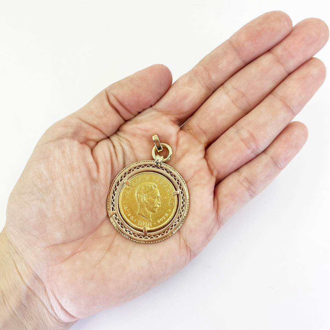 1916 Cuban 10 Peso Coin Pendant in 18K Yellow Gold Frame