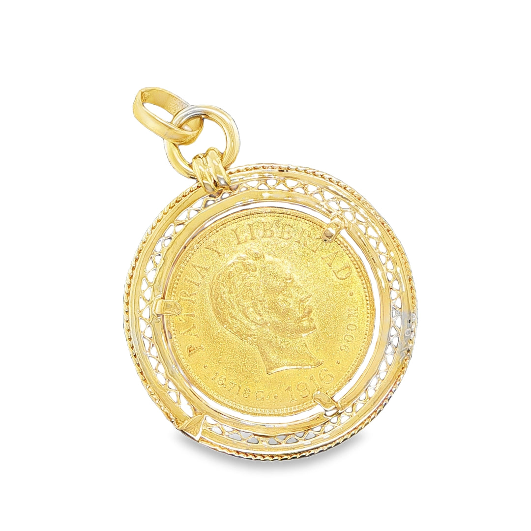 1916 Cuban 10 Peso Coin Pendant in 18K Yellow Gold Frame