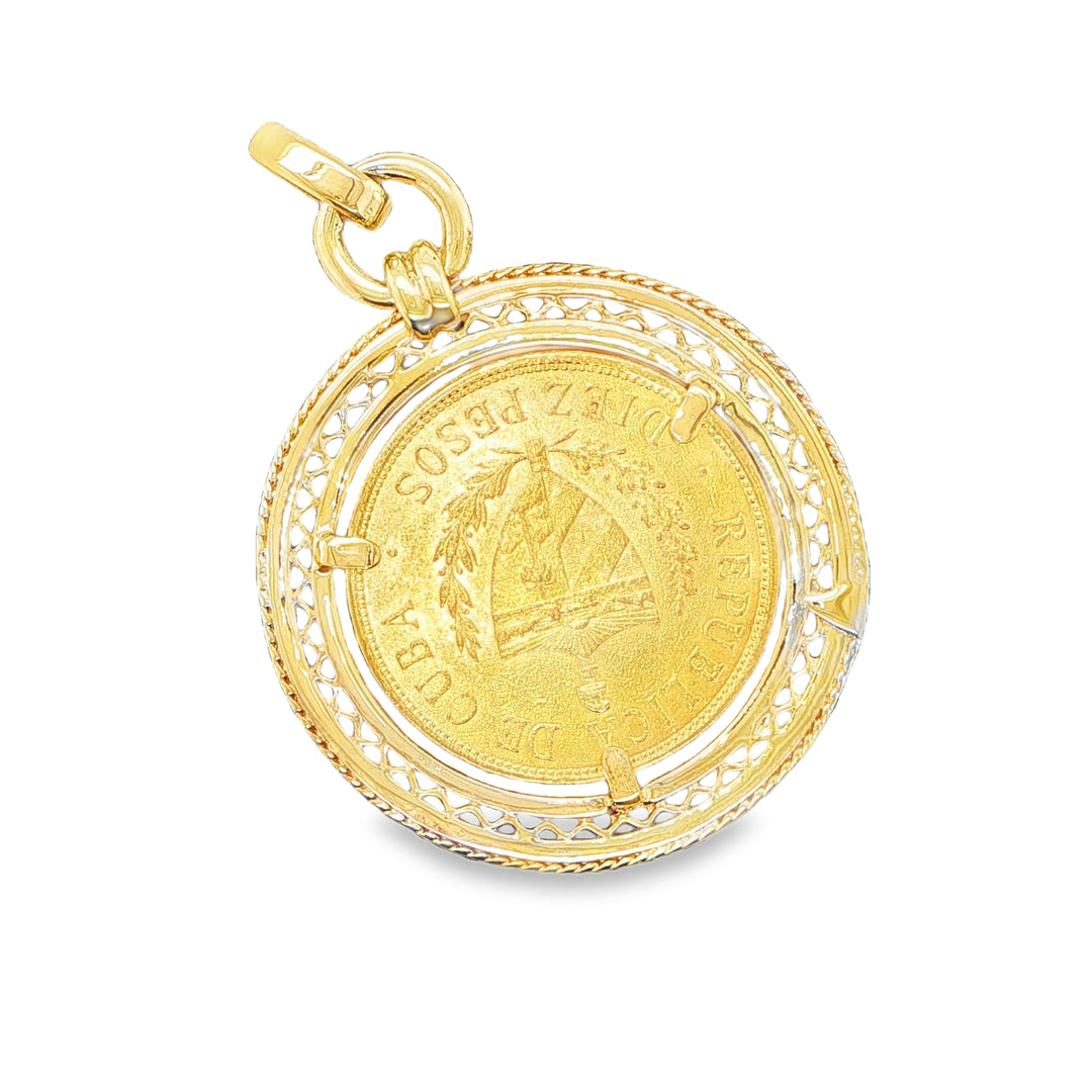 1916 Cuban 10 Peso Coin Pendant in 18K Yellow Gold Frame