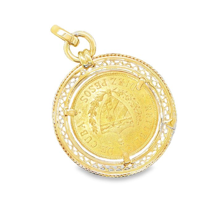 1916 Cuban 10 Peso Coin Pendant in 18K Yellow Gold Frame