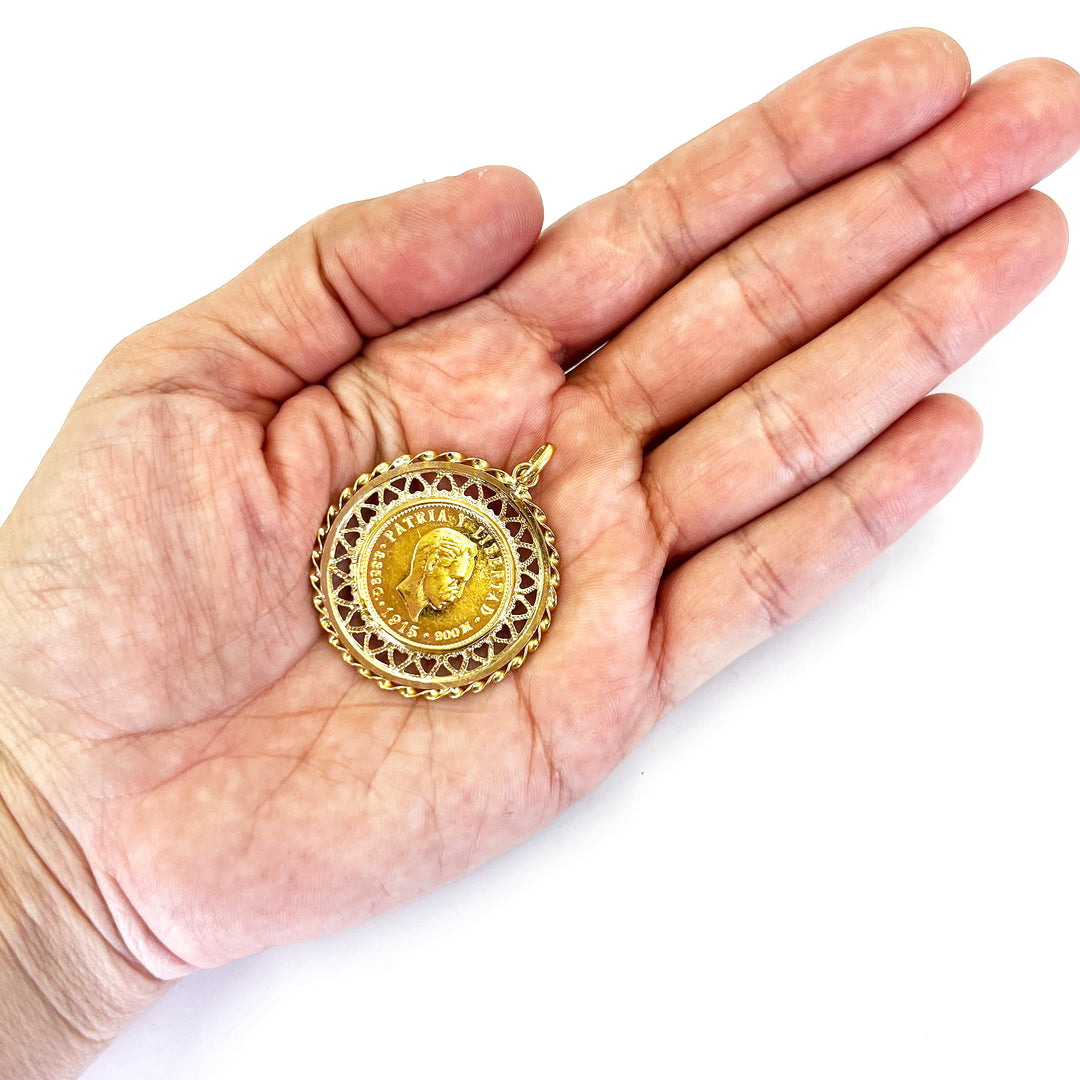 1915 Cuban 5 Peso Coin Pendant in 18K Yellow Gold Frame