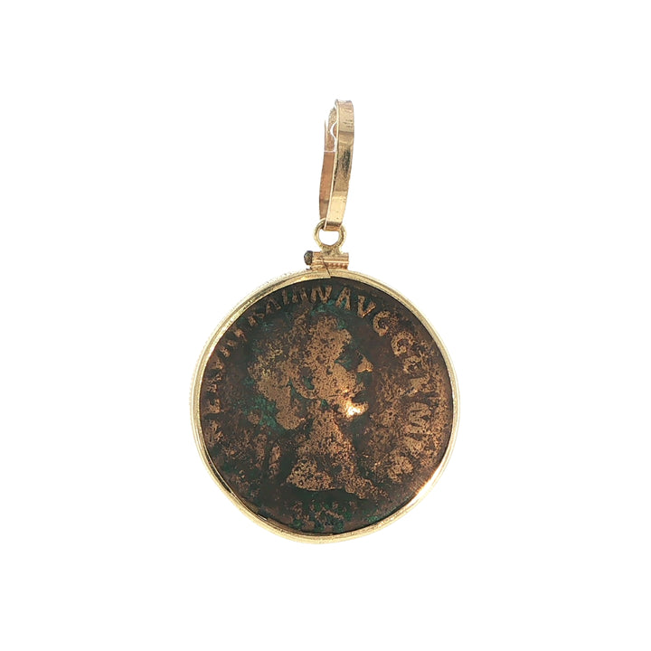 Ancient Copper Coin Pendant in 14K Yellow Gold Frame
