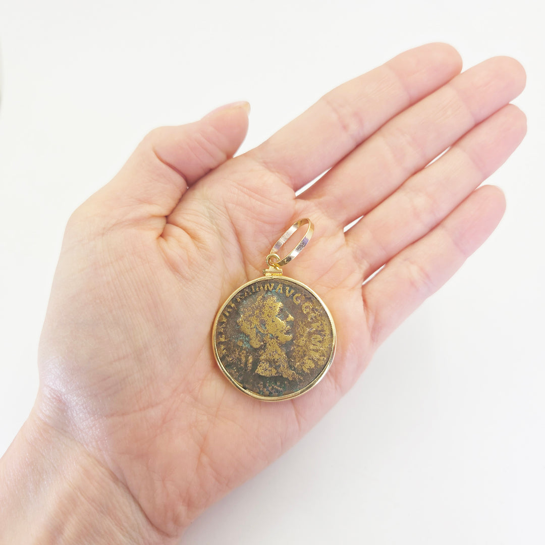Ancient Copper Coin Pendant in 14K Yellow Gold Frame
