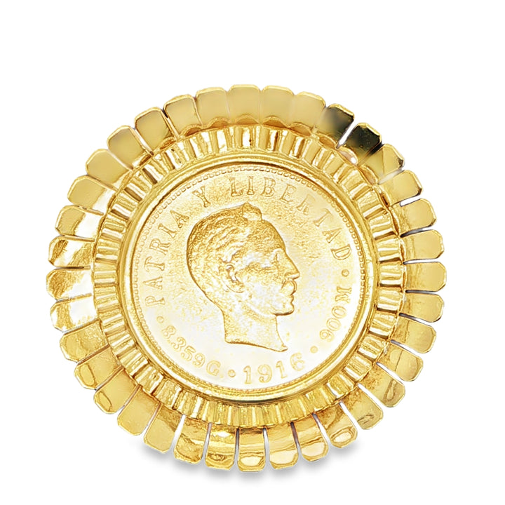 22K Cuban 5 Peso Coin Pin Brooch in 18K Yellow Gold Setting
