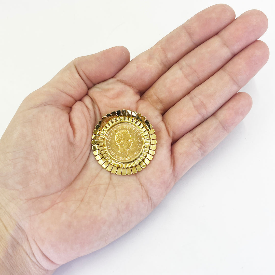 22K Cuban 5 Peso Coin Pin Brooch in 18K Yellow Gold Setting