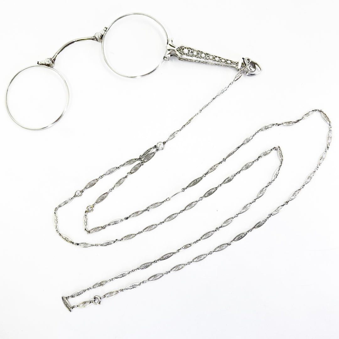 Antique Platinum Filigree Lorgnette Glasses with Old Mine Cut Diamonds