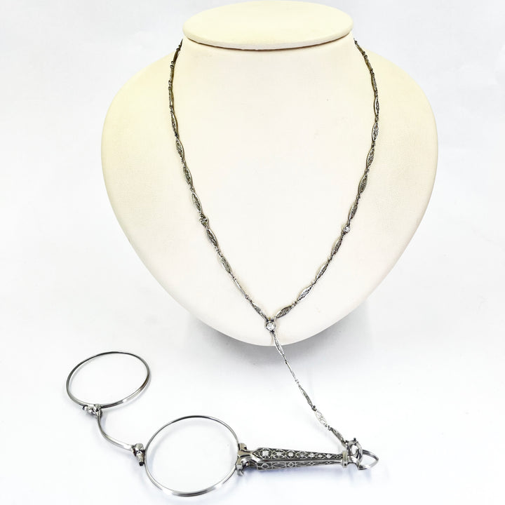 Antique Platinum Filigree Lorgnette Glasses with Old Mine Cut Diamonds