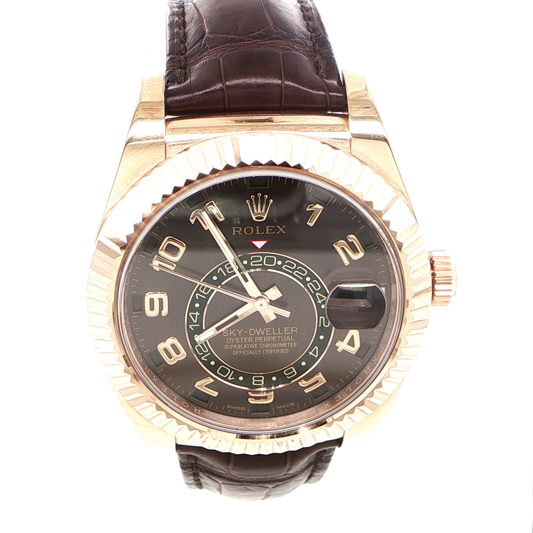 42mm Rolex Sky-Dweller 18K Rose Gold Fluted Bezel Chocolate Arabic Dial Brown Alligator