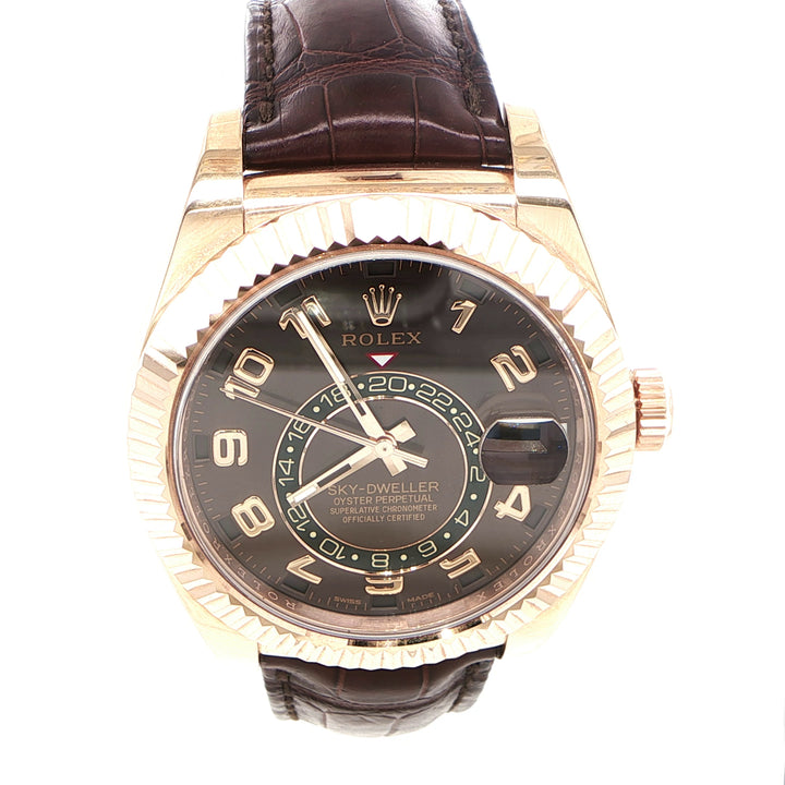 42mm Rolex Sky-Dweller 18K Rose Gold Fluted Bezel Chocolate Arabic Dial Brown Alligator