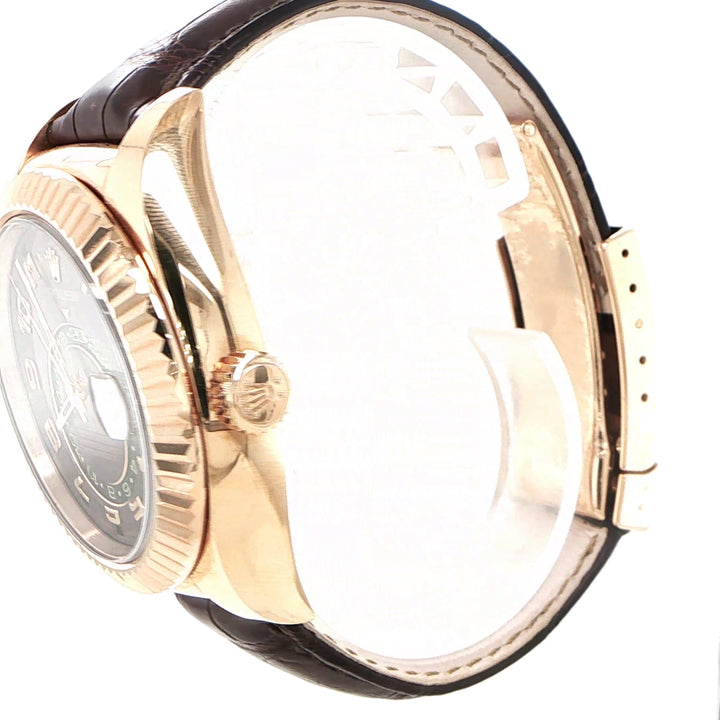 42mm Rolex Sky-Dweller 18K Rose Gold Fluted Bezel Chocolate Arabic Dial Brown Alligator
