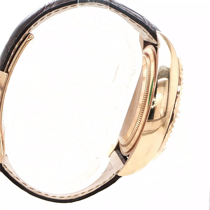 42mm Rolex Sky-Dweller 18K Rose Gold Fluted Bezel Chocolate Arabic Dial Brown Alligator