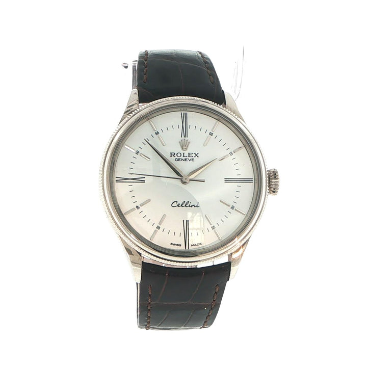 Rolex Cellini 50509 18K White Gold 39mm Alligator Strap Watch
