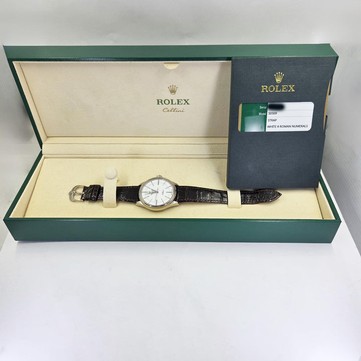 Rolex Cellini 50509 18K White Gold 39mm Alligator Strap Watch