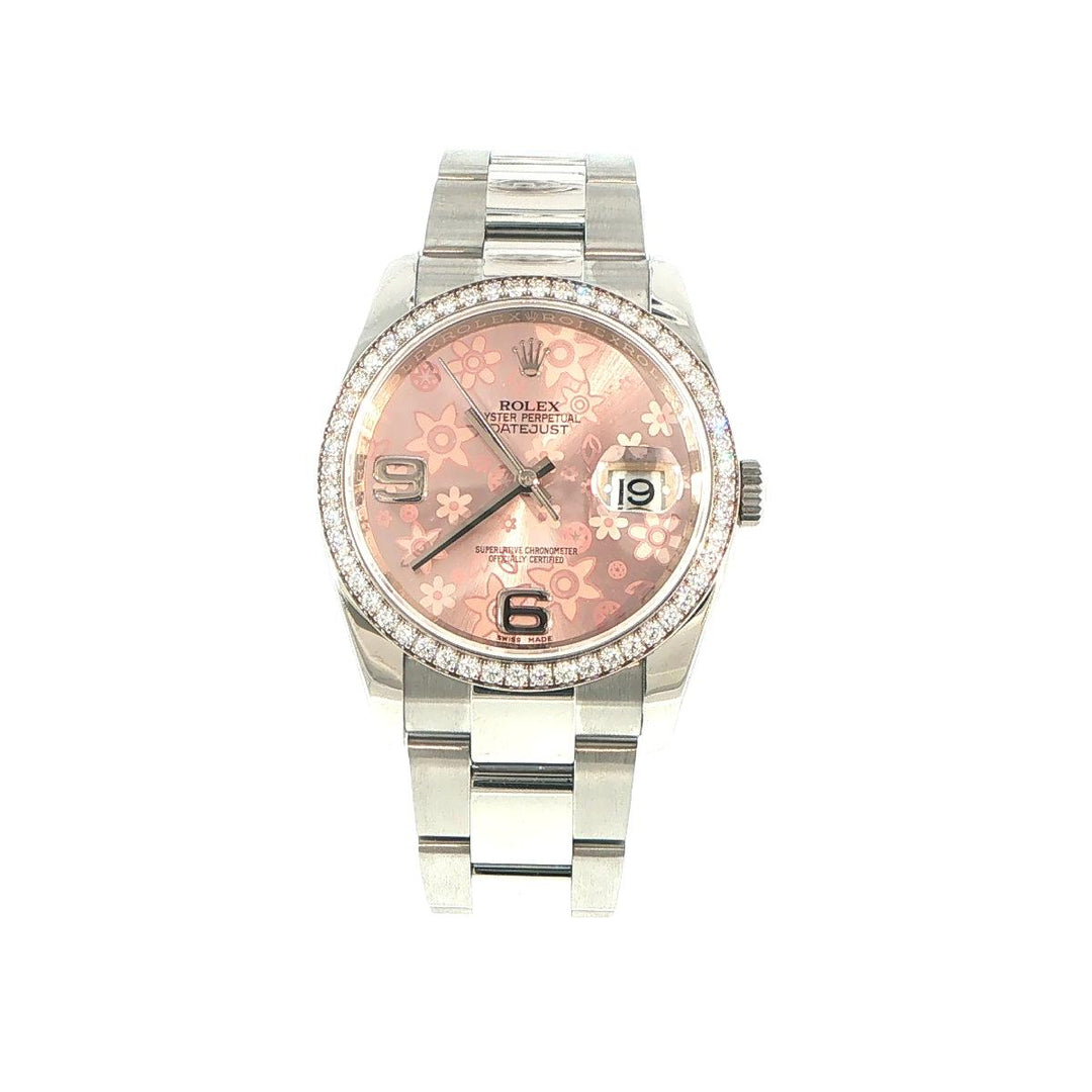 Rolex Datejust 36mm Stainless Steel Diamond Bezel Pink Floral Dial 116244