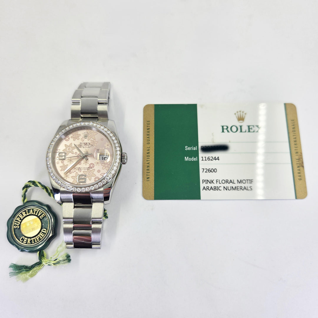 Rolex Datejust 36mm Stainless Steel Diamond Bezel Pink Floral Dial 116244