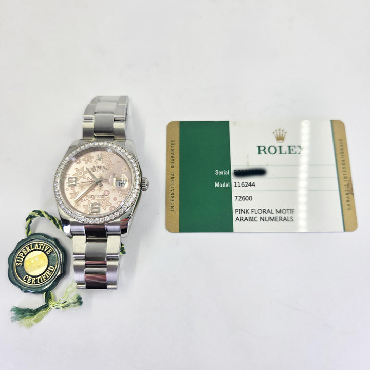 Rolex Datejust 36mm Stainless Steel Diamond Bezel Pink Floral Dial 116244