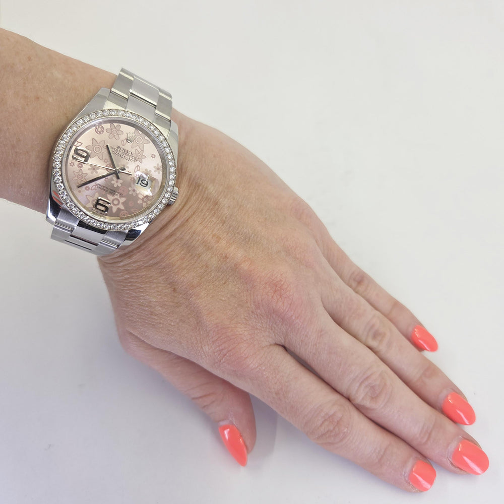 Rolex Datejust 36mm Stainless Steel Diamond Bezel Pink Floral Dial 116244