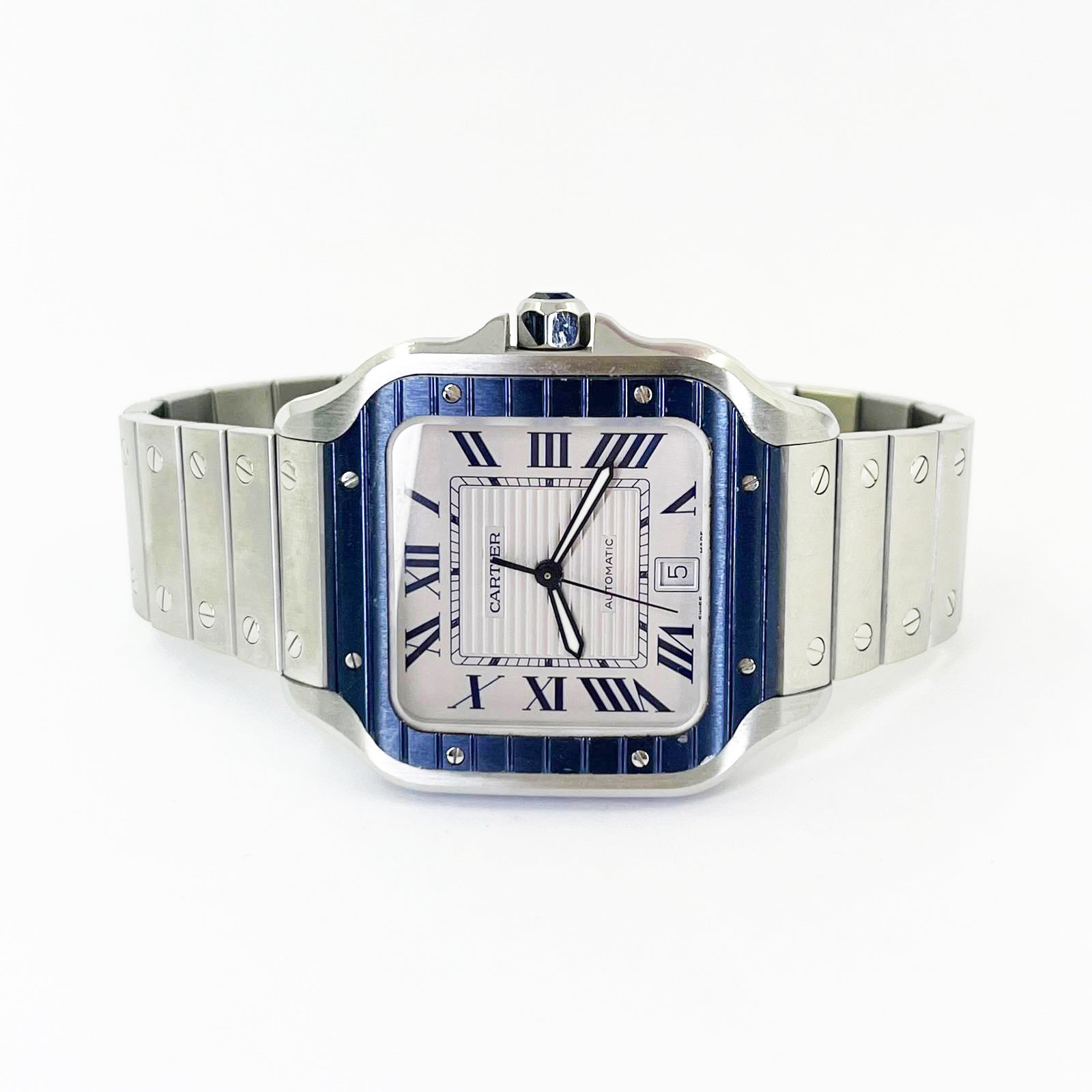 Cartier Santos Large Automatic Stainless Steel Watch with Blued