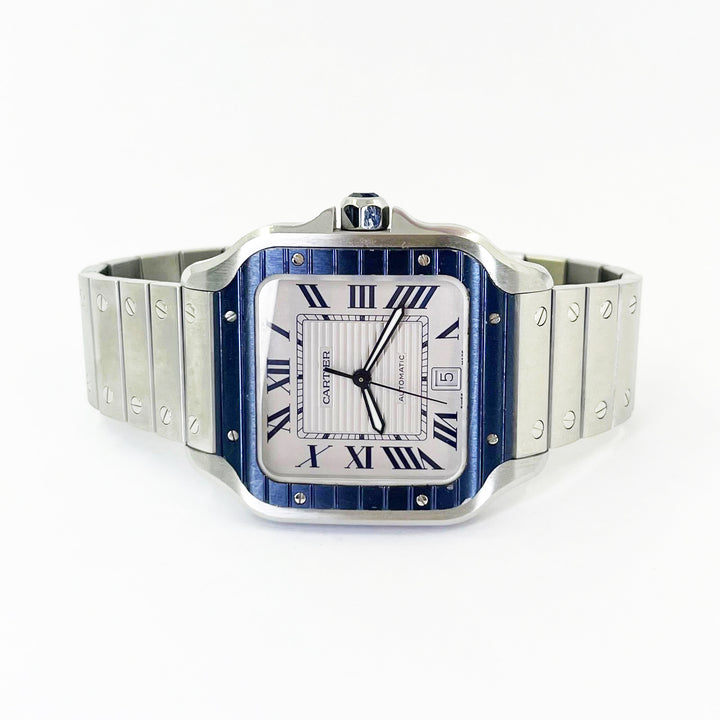 Cartier Santos Large Automatic Stainless Steel Watch with Blued Bezel