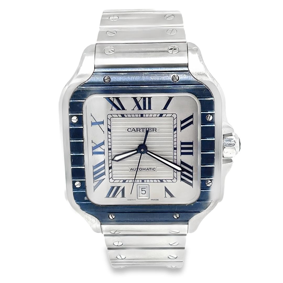 Cartier Santos Large Automatic Stainless Steel Watch with Blued Bezel