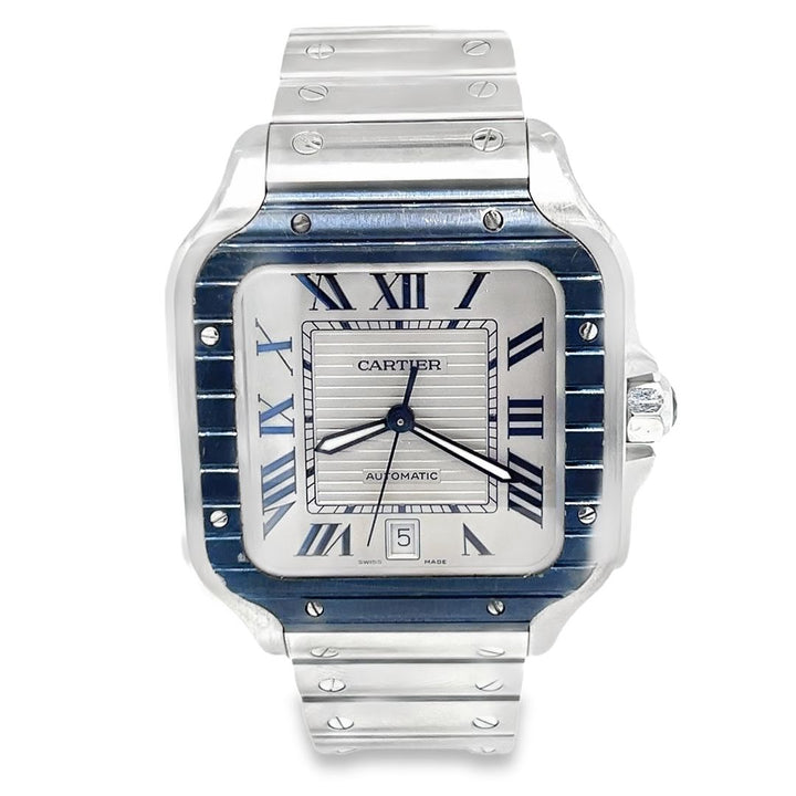 Cartier Santos Large Automatic Stainless Steel Watch with Blued Bezel