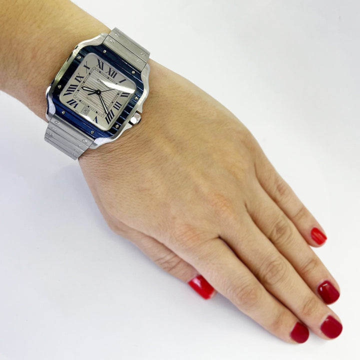 Cartier Santos Large Automatic Stainless Steel Watch with Blued Bezel