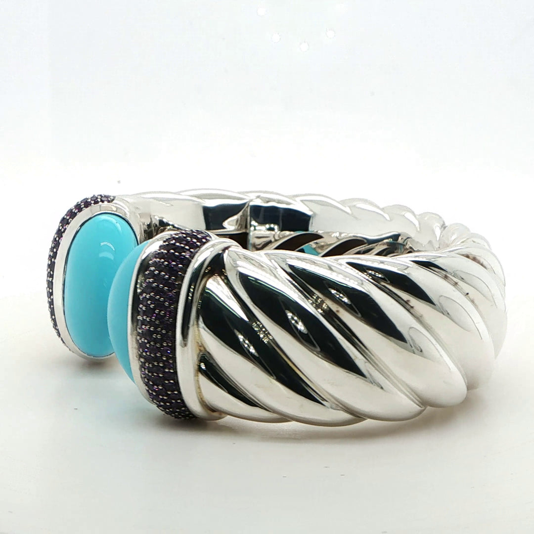 David Yurman Sterling Silver Amethyst & Turquoise Wide Cuff Bracelet