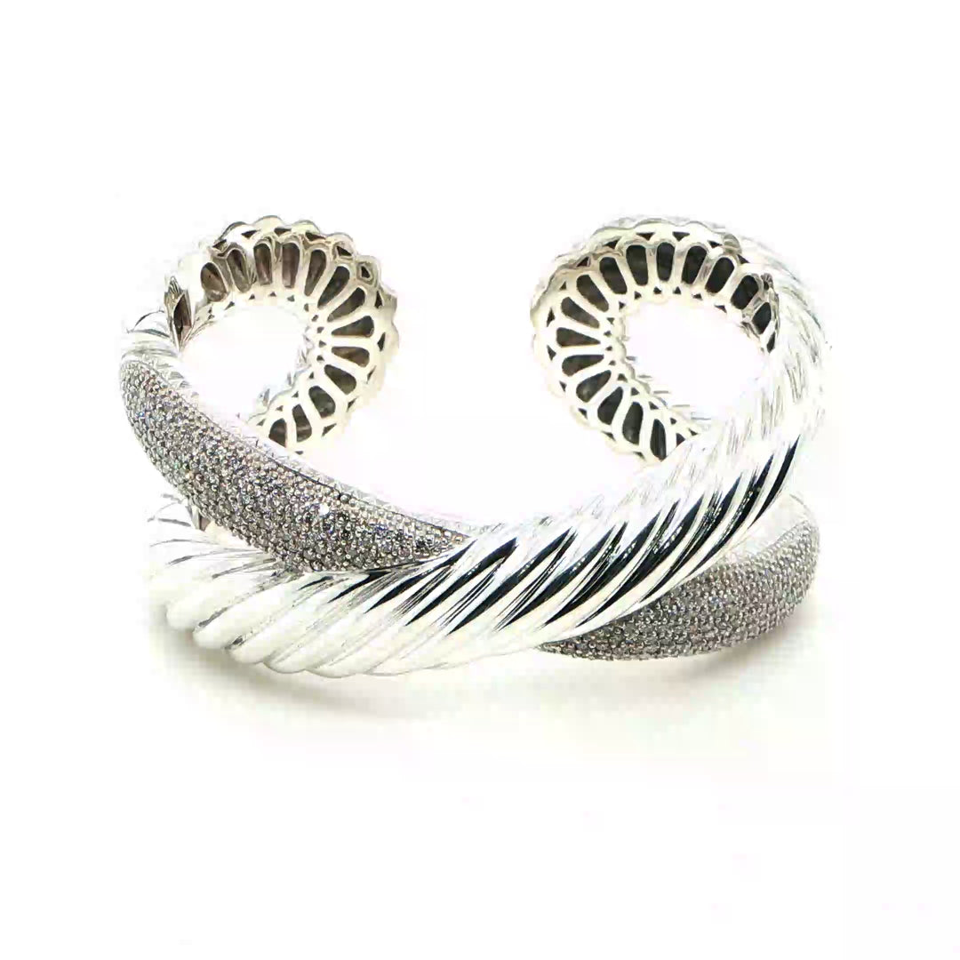 David Yurman X Diamond Hinged Cuff Bracelet Sterling Silver