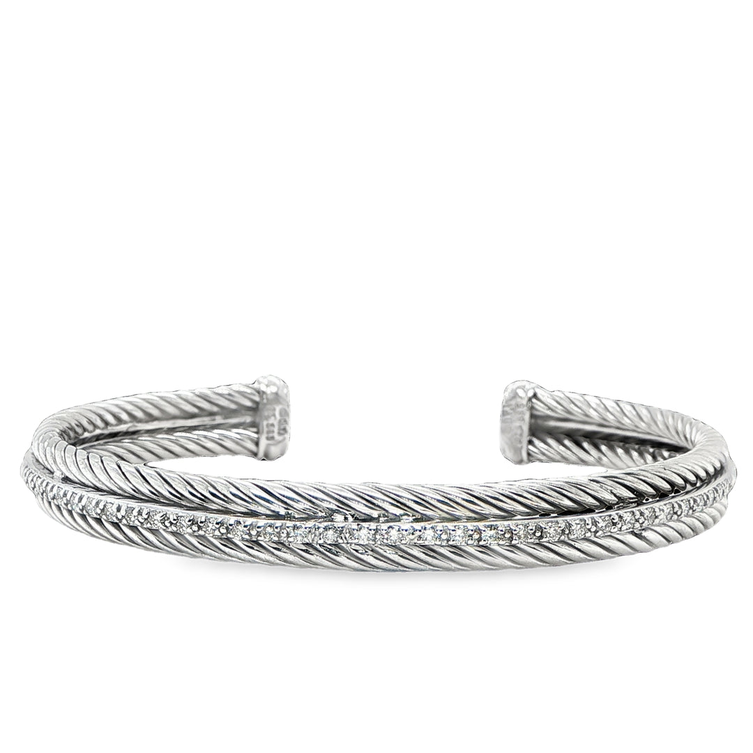 David Yurman Diamond Cable Cuff Bracelet Sterling Silver