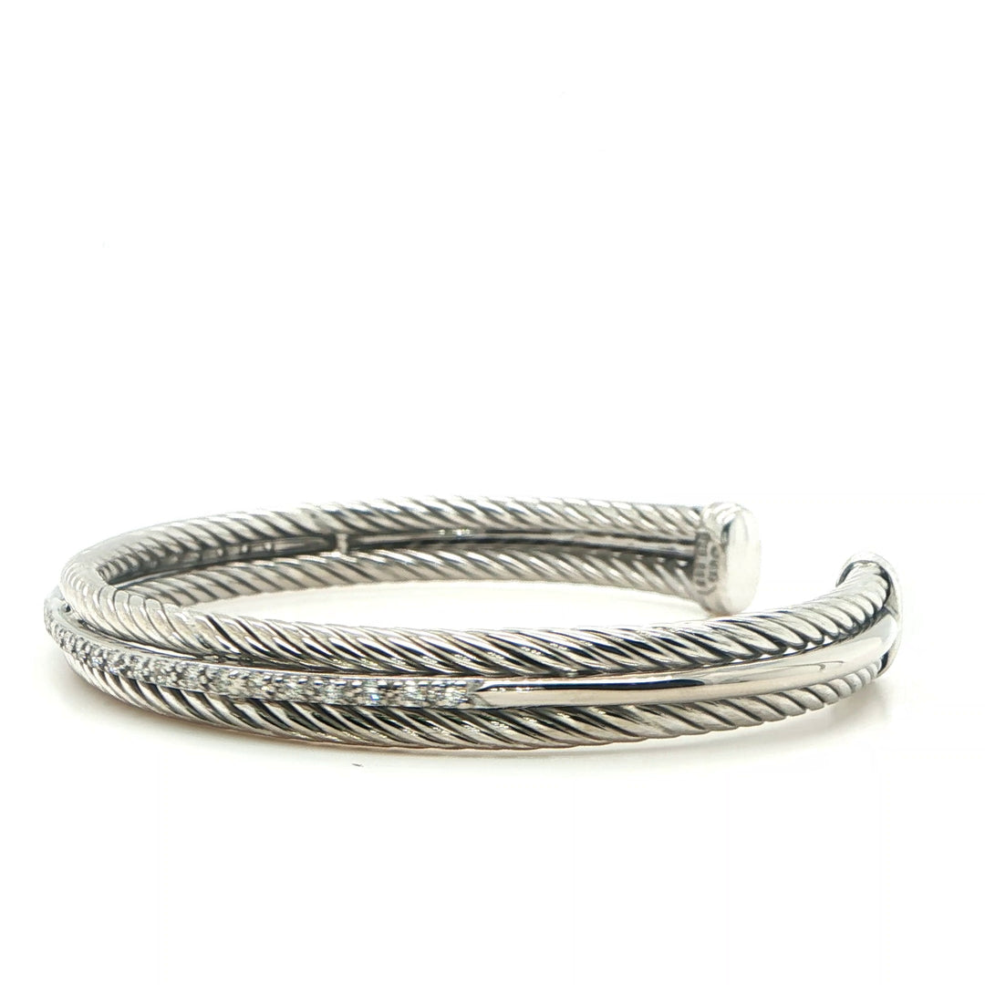 David Yurman Diamond Cable Cuff Bracelet Sterling Silver