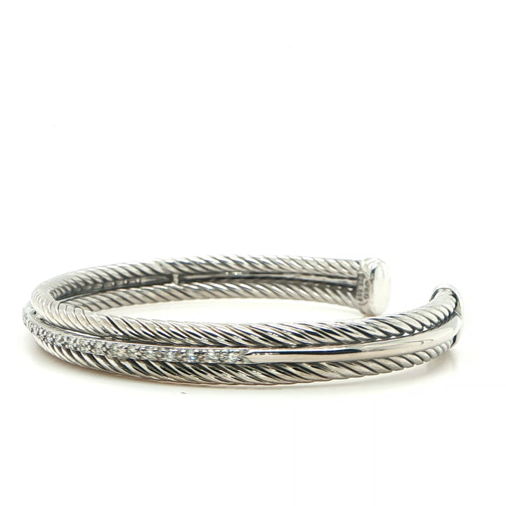 David Yurman Diamond Cable Cuff Bracelet Sterling Silver