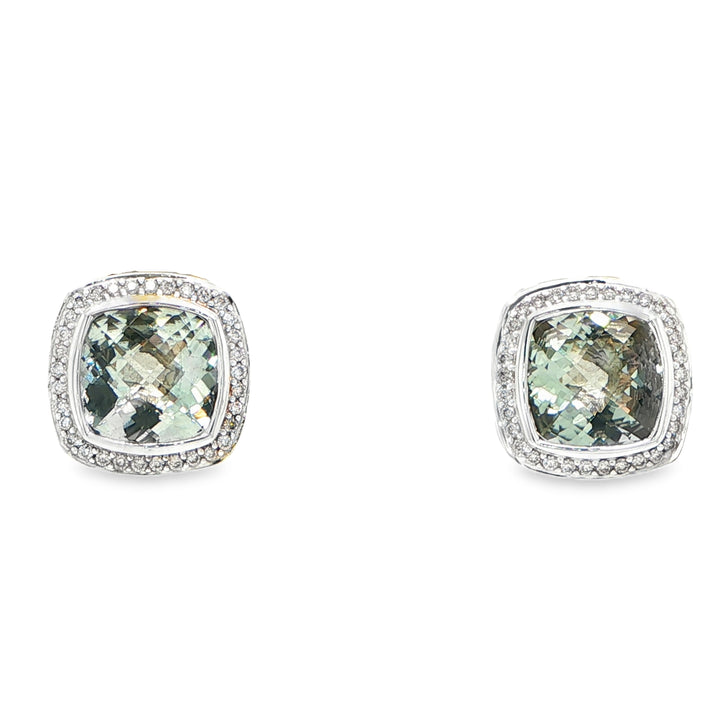 David Yurman Prasiolite & Diamond Earrings Sterling Silver 18K White Gold