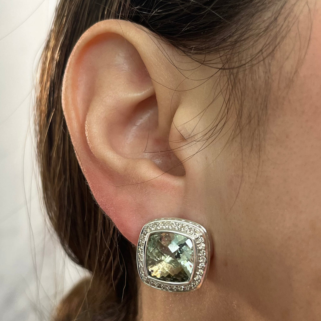 David Yurman Prasiolite & Diamond Earrings Sterling Silver 18K White Gold