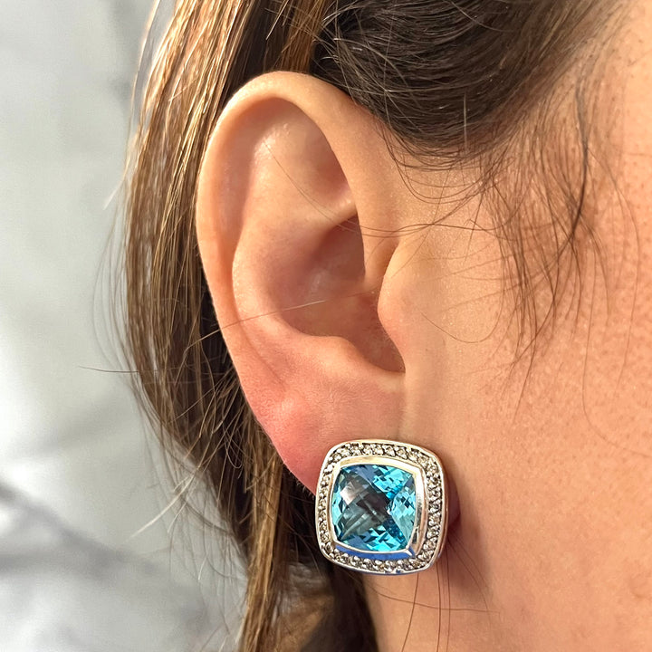 David Yurman Albion Blue Topaz & Diamond Earrings Silver 18K White Gold