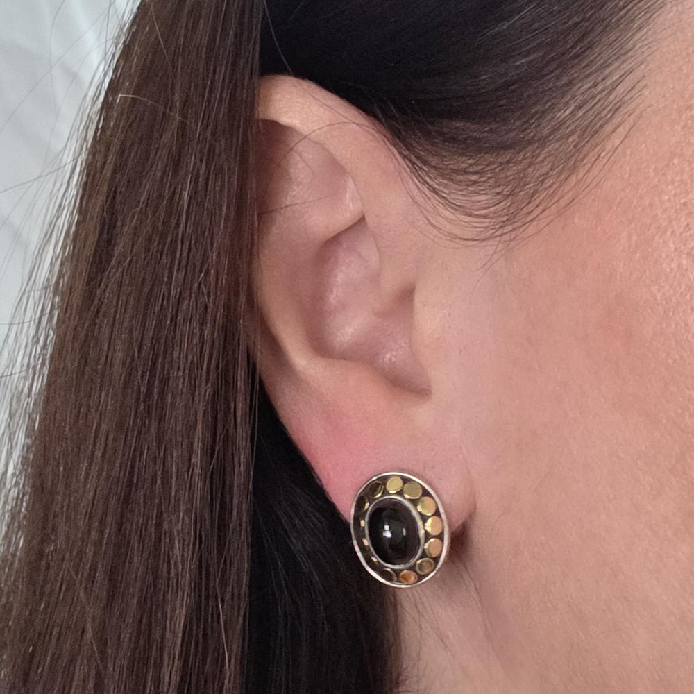 John Hardy Dot Stud Earrings Sterling Silver Onyx & 18K Yellow Gold