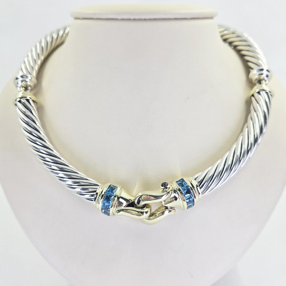 David Yurman Sterling Silver & 14K Yellow Gold Blue Topaz Collar Necklace