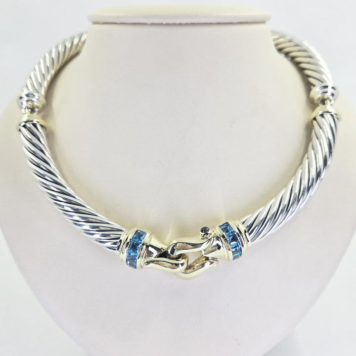 David Yurman Sterling Silver & 14K Yellow Gold Blue Topaz Collar Necklace