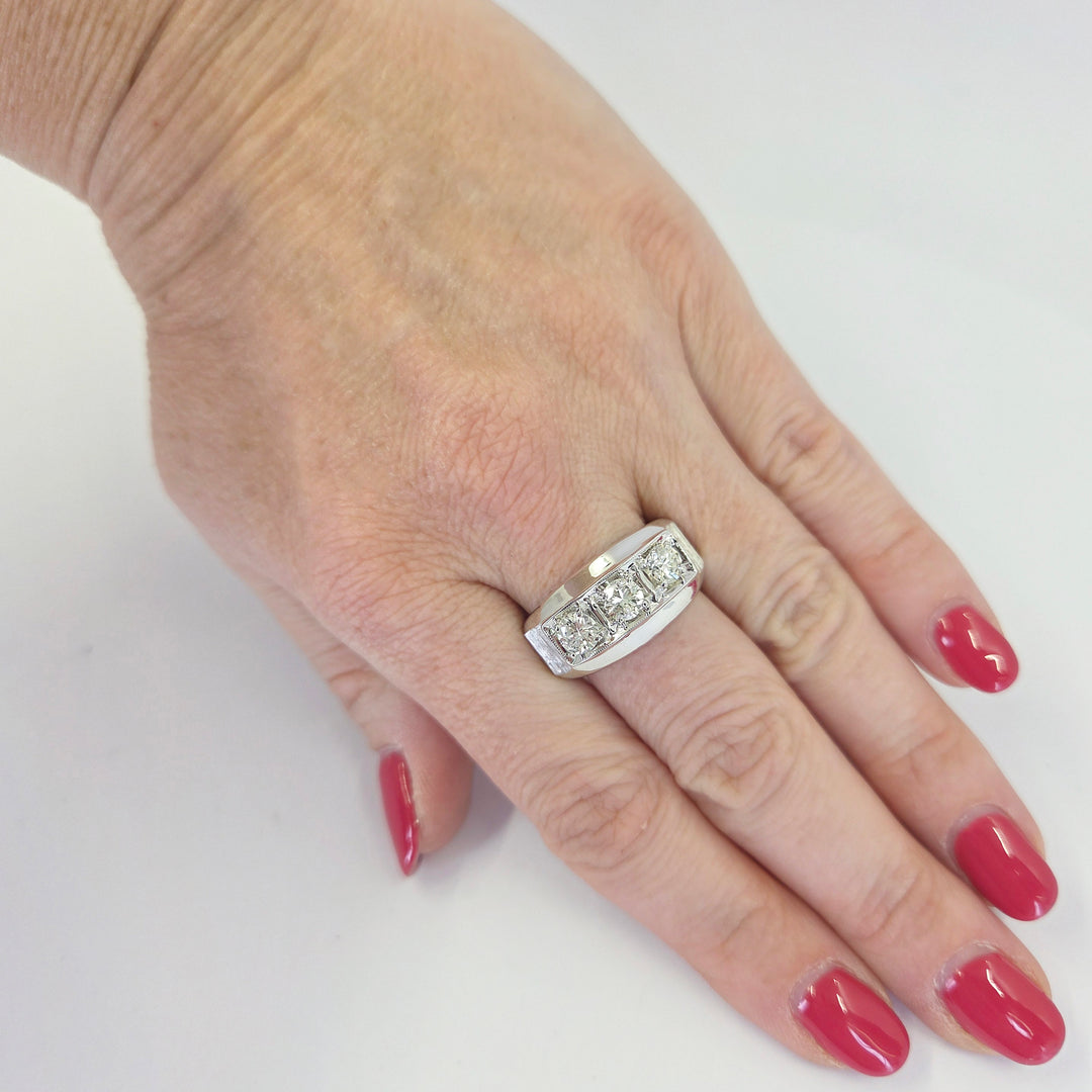 14K White Gold Men's 3 Stone Vintage Ring