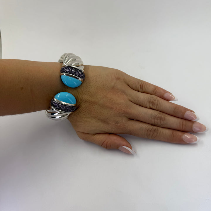 David Yurman Sterling Silver Amethyst & Turquoise Wide Cuff Bracelet