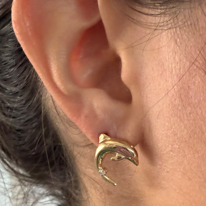 14K Yellow Gold Dolphin Diamond Earrings
